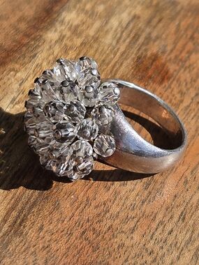 Vintage Crystal Cluster Sterling Silver Flower Ring -